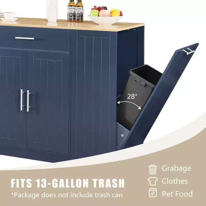 Îlot de Cuisine avec Portes et Tiroir Central et Rangement Poubelle, Buffet de Rangement pour Cuisine, Salle à Manger