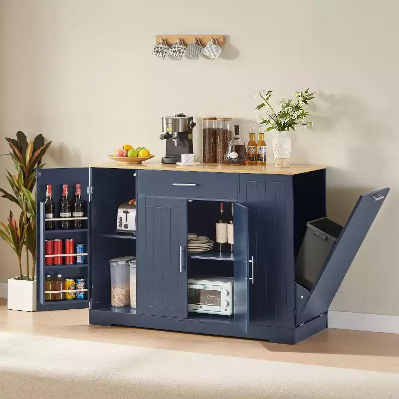Îlot de Cuisine avec Portes et Tiroir Central et Rangement Poubelle, Buffet de Rangement pour Cuisine, Salle à Manger