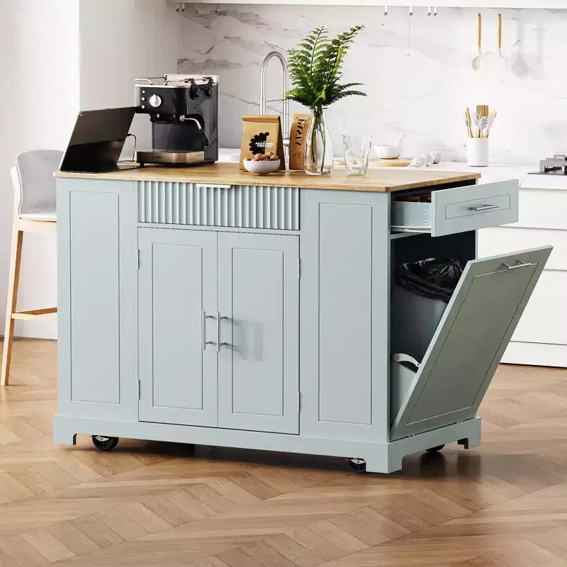 Îlot de cuisine avec prise de courant et poubelle basculante, chariot de cuisine roulant avec roues et étagères, meuble de rangement, table à manger