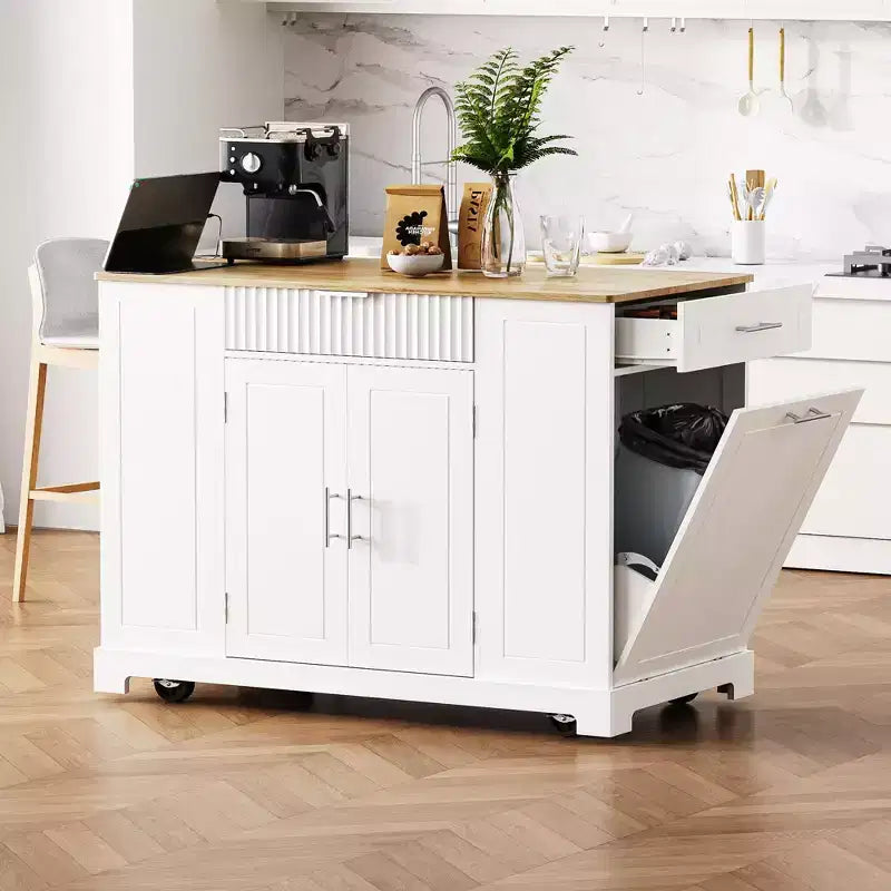 Îlot de cuisine avec prise de courant et poubelle basculante, chariot de cuisine roulant avec roues et étagères, meuble de rangement, table à manger