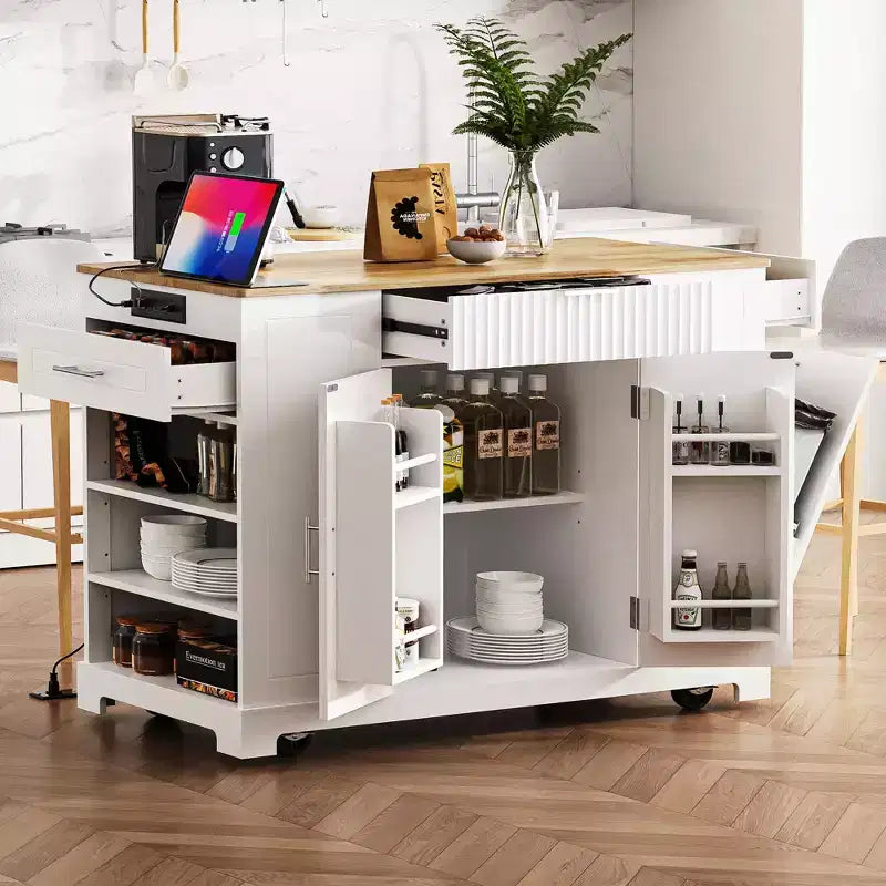 Îlot de cuisine avec prise de courant et poubelle basculante, chariot de cuisine roulant avec roues et étagères, meuble de rangement, table à manger