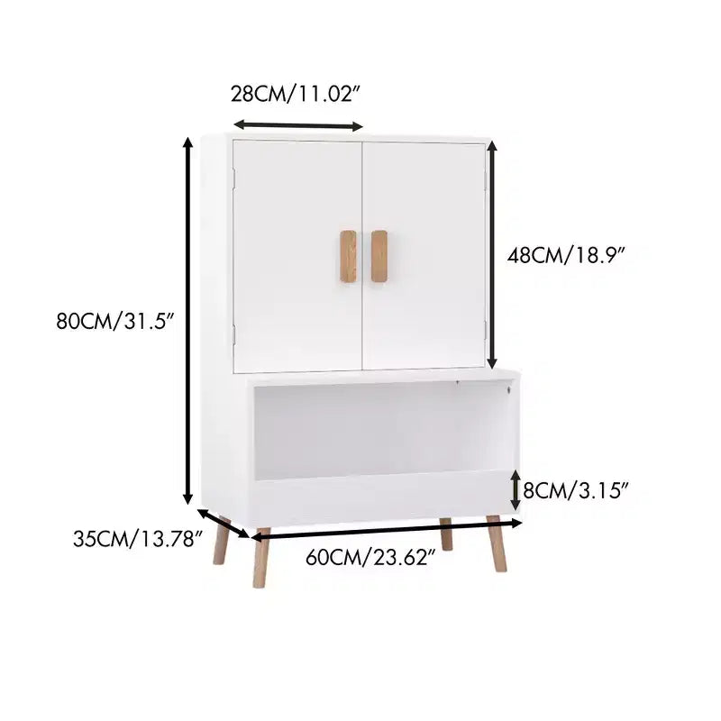 Meuble de rangement pour jouets pour enfants avec portes et étagère ouverte, organiseur moderne avec pieds en bois naturel - Blanc