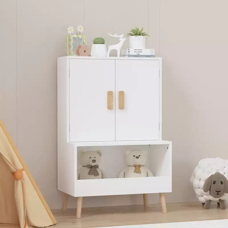Meuble de rangement pour jouets pour enfants avec portes et étagère ouverte, organiseur moderne avec pieds en bois naturel - Blanc