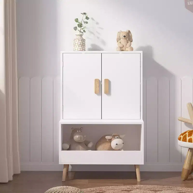 Meuble de rangement pour jouets pour enfants avec portes et étagère ouverte, organiseur moderne avec pieds en bois naturel - Blanc