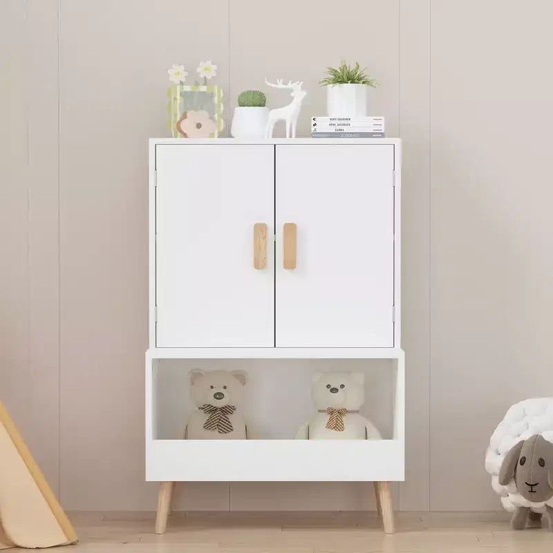 Meuble de rangement pour jouets pour enfants avec portes et étagère ouverte, organiseur moderne avec pieds en bois naturel - Blanc