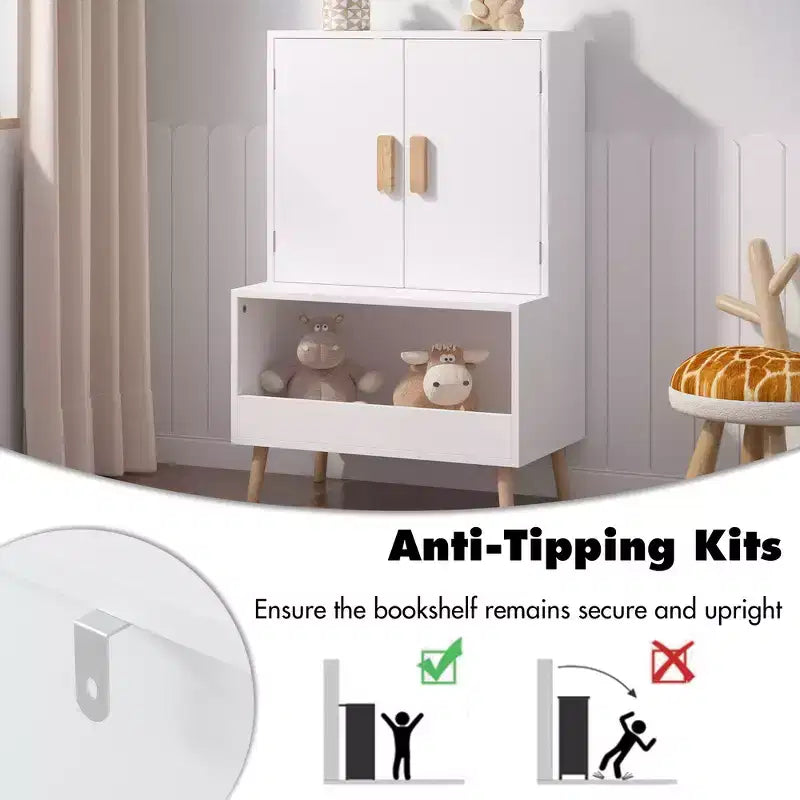 Meuble de rangement pour jouets pour enfants avec portes et étagère ouverte, organiseur moderne avec pieds en bois naturel - Blanc