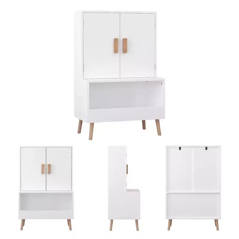 Meuble de rangement pour jouets pour enfants avec portes et étagère ouverte, organiseur moderne avec pieds en bois naturel - Blanc