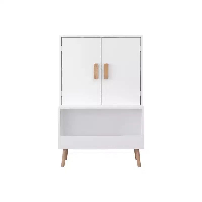 Meuble de rangement pour jouets pour enfants avec portes et étagère ouverte, organiseur moderne avec pieds en bois naturel - Blanc