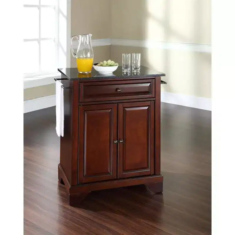 Petit îlot de cuisine portable avec dessus en granit, chariot de rangement, support à micro-ondes, noir