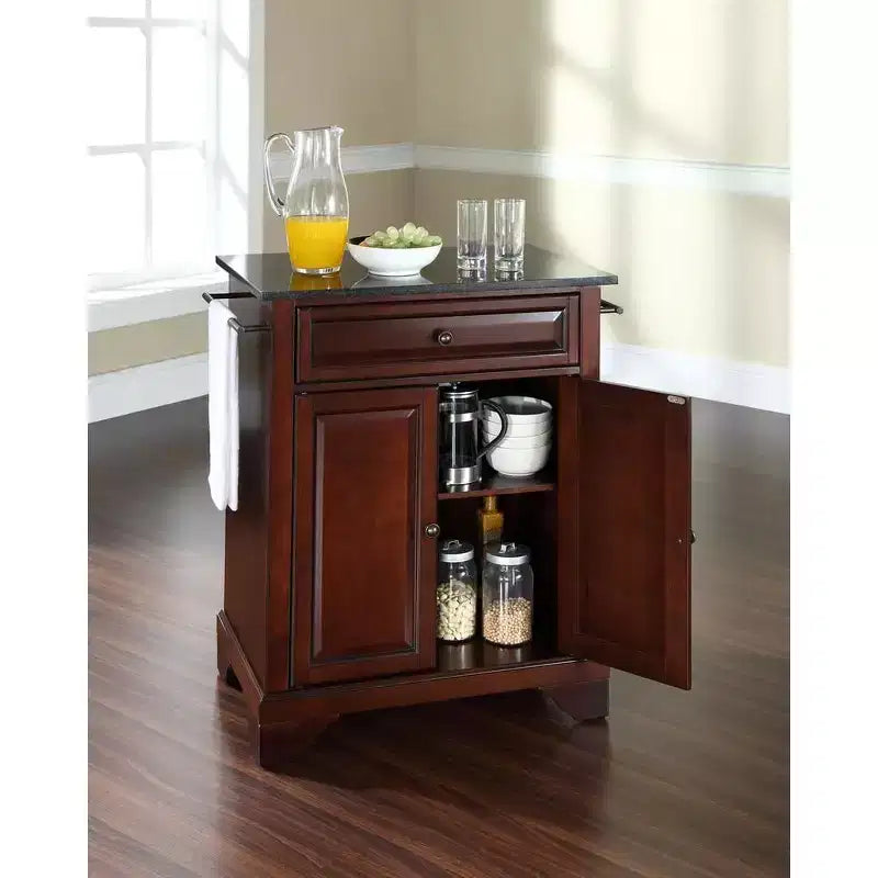 Petit îlot de cuisine portable avec dessus en granit, chariot de rangement, support à micro-ondes, noir