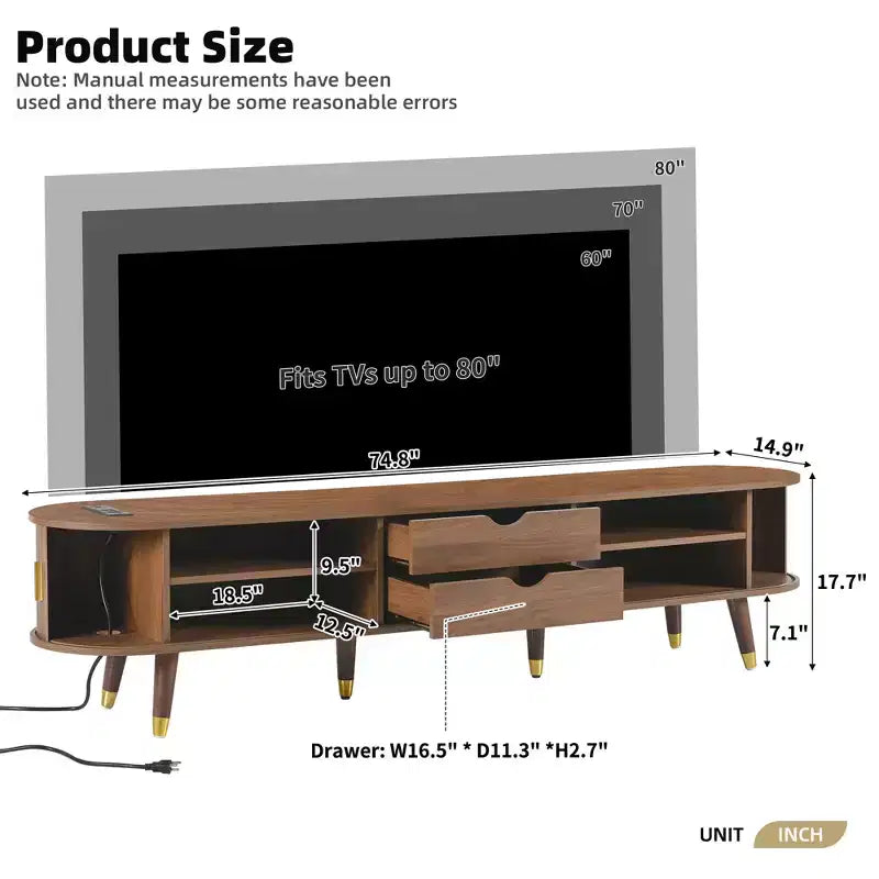 Meuble TV ovale cannelé en bois avec station de recharge pour TV jusqu'à 80", console média de style Mid-Century avec porte coulissante à tambour, noyer