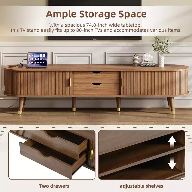 Meuble TV ovale cannelé en bois avec station de recharge pour TV jusqu'à 80", console média de style Mid-Century avec porte coulissante à tambour, noyer