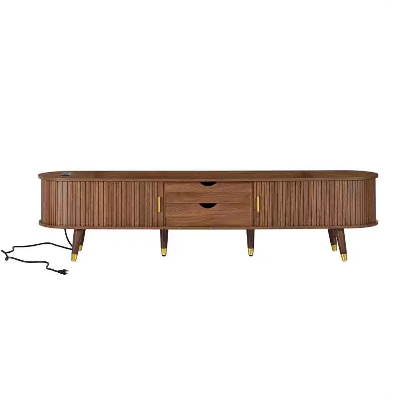 Meuble TV ovale cannelé en bois avec station de recharge pour TV jusqu'à 80", console média de style Mid-Century avec porte coulissante à tambour, noyer