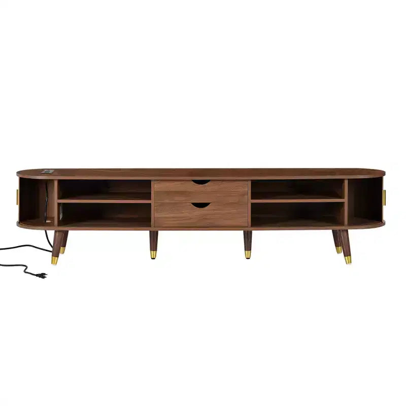 Meuble TV ovale cannelé en bois avec station de recharge pour TV jusqu'à 80", console média de style Mid-Century avec porte coulissante à tambour, noyer
