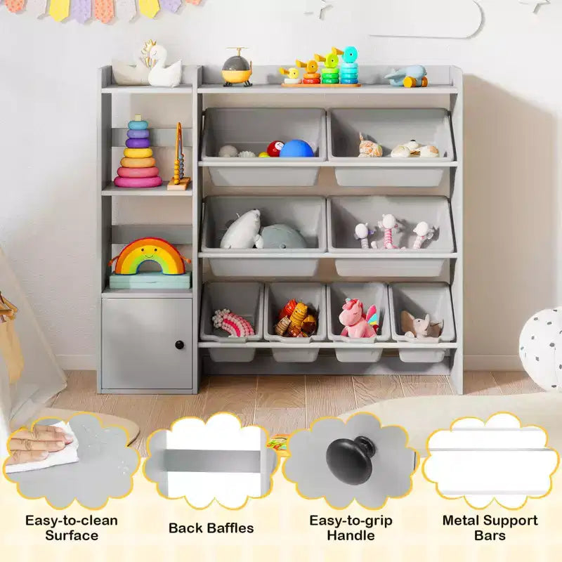 Meuble de Rangement et Bibliothèque pour Enfants, Bibliothèque en Bois avec 4 Petits Bacs et 4 Grands Bacs Gris/Blanc