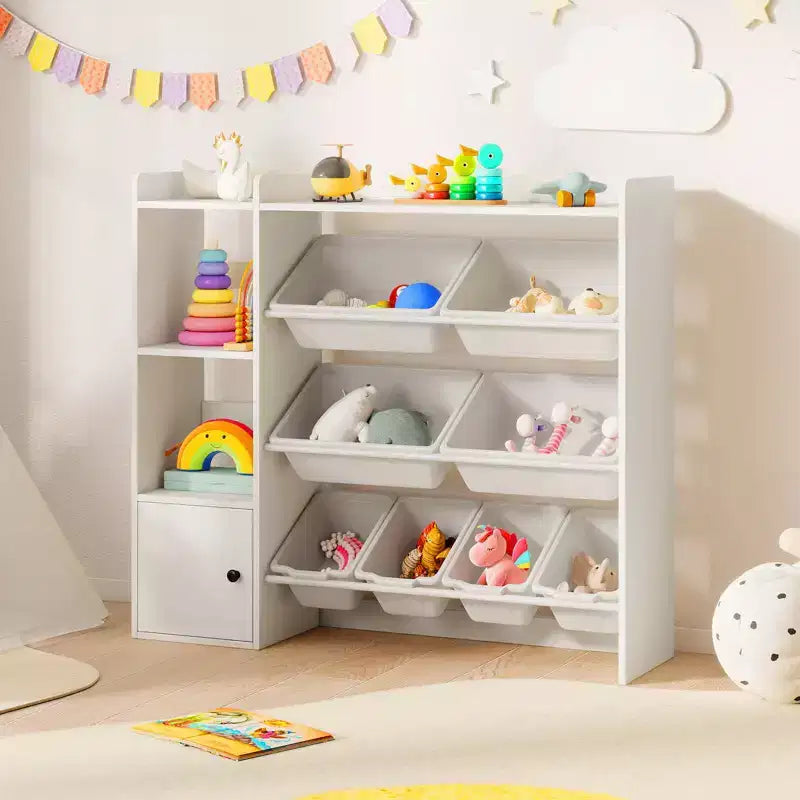 Meuble de Rangement et Bibliothèque pour Enfants, Bibliothèque en Bois avec 4 Petits Bacs et 4 Grands Bacs Gris/Blanc