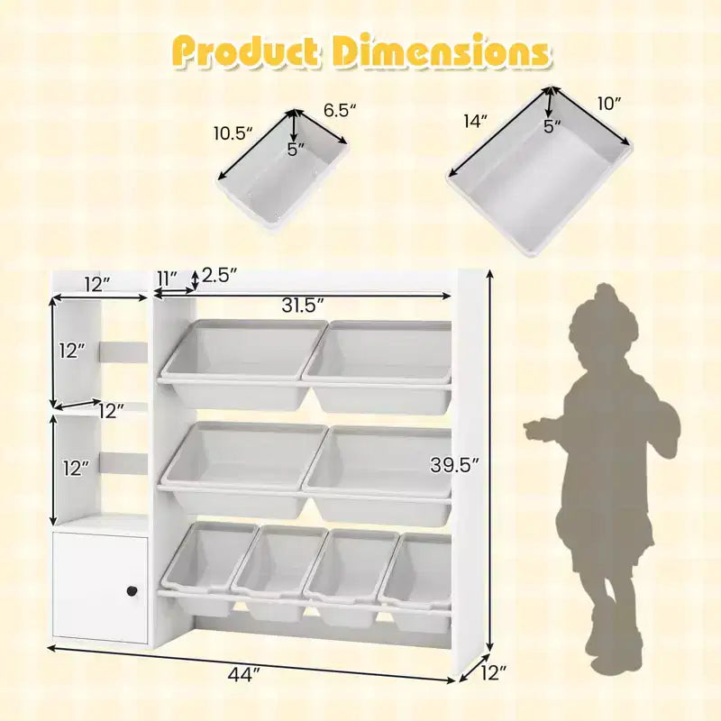 Meuble de Rangement et Bibliothèque pour Enfants, Bibliothèque en Bois avec 4 Petits Bacs et 4 Grands Bacs Gris/Blanc