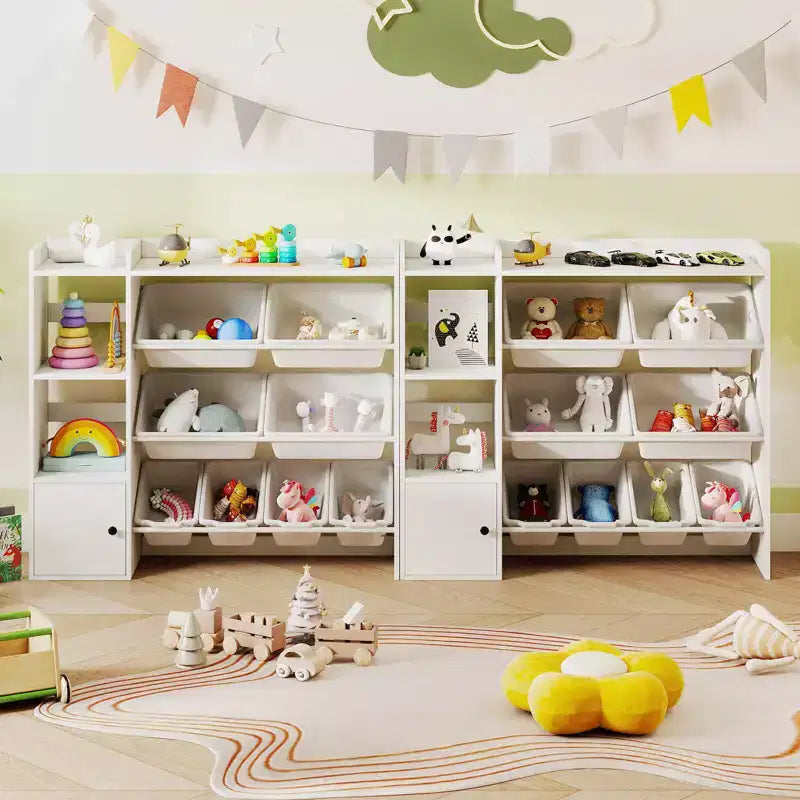 Meuble de Rangement et Bibliothèque pour Enfants, Bibliothèque en Bois avec 4 Petits Bacs et 4 Grands Bacs Gris/Blanc
