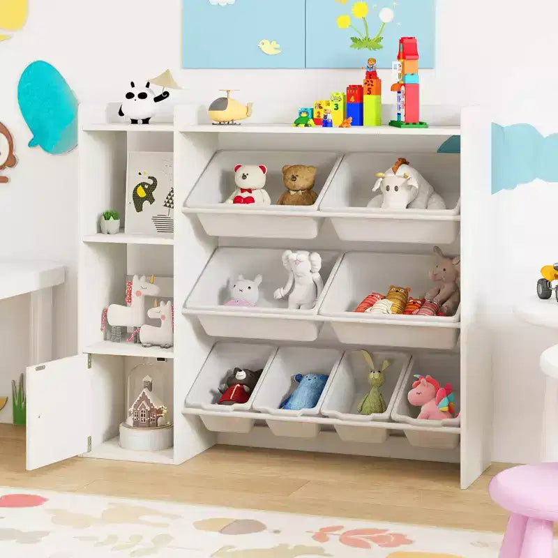 Meuble de Rangement et Bibliothèque pour Enfants, Bibliothèque en Bois avec 4 Petits Bacs et 4 Grands Bacs Gris/Blanc