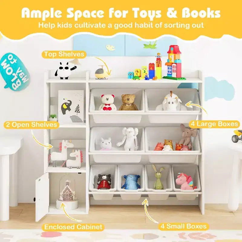 Meuble de Rangement et Bibliothèque pour Enfants, Bibliothèque en Bois avec 4 Petits Bacs et 4 Grands Bacs Gris/Blanc