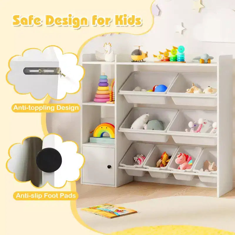 Meuble de Rangement et Bibliothèque pour Enfants, Bibliothèque en Bois avec 4 Petits Bacs et 4 Grands Bacs Gris/Blanc