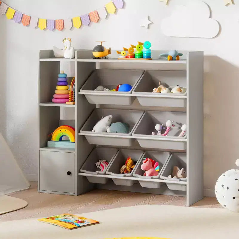 Meuble de Rangement et Bibliothèque pour Enfants, Bibliothèque en Bois avec 4 Petits Bacs et 4 Grands Bacs Gris/Blanc