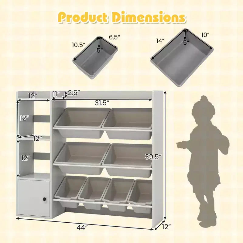 Meuble de Rangement et Bibliothèque pour Enfants, Bibliothèque en Bois avec 4 Petits Bacs et 4 Grands Bacs Gris/Blanc