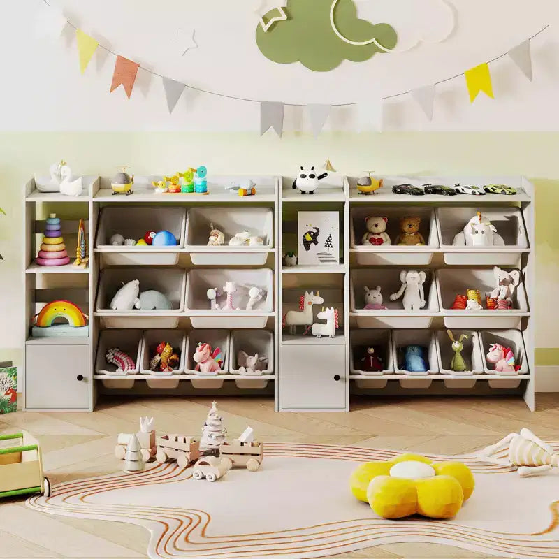 Meuble de Rangement et Bibliothèque pour Enfants, Bibliothèque en Bois avec 4 Petits Bacs et 4 Grands Bacs Gris/Blanc