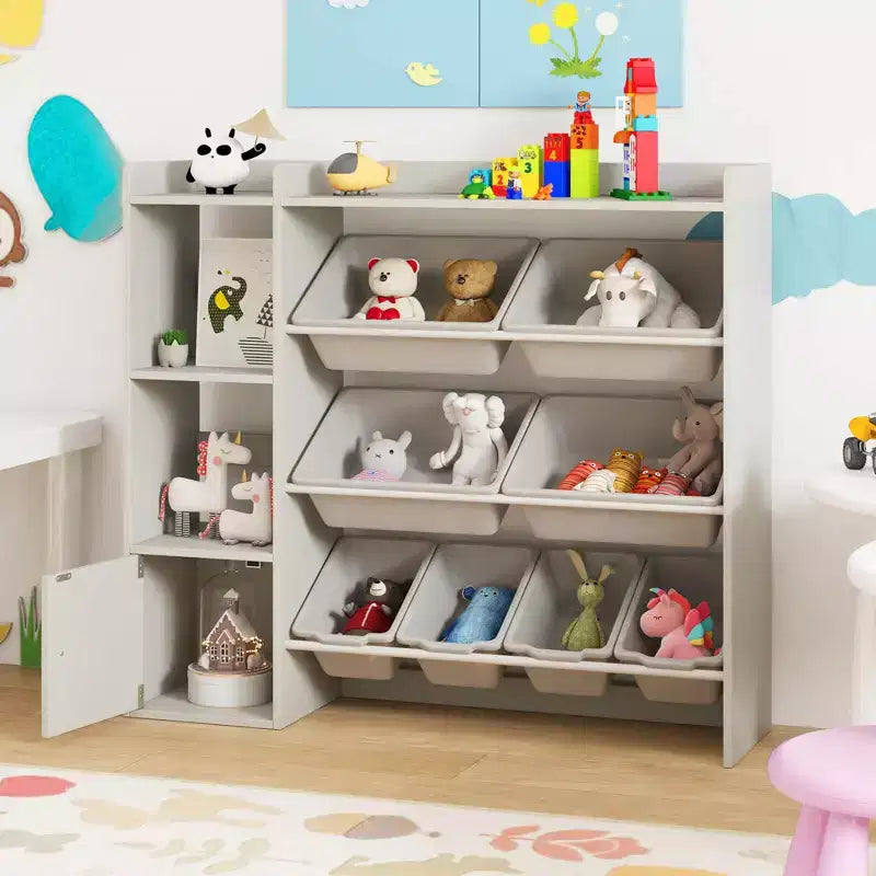 Meuble de Rangement et Bibliothèque pour Enfants, Bibliothèque en Bois avec 4 Petits Bacs et 4 Grands Bacs Gris/Blanc