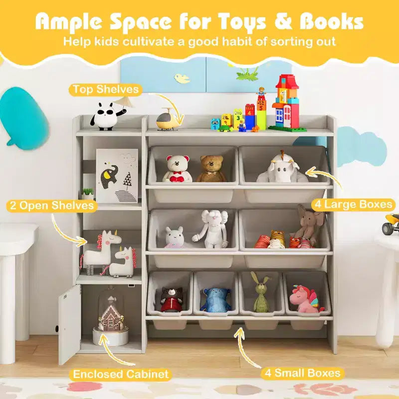 Meuble de Rangement et Bibliothèque pour Enfants, Bibliothèque en Bois avec 4 Petits Bacs et 4 Grands Bacs Gris/Blanc