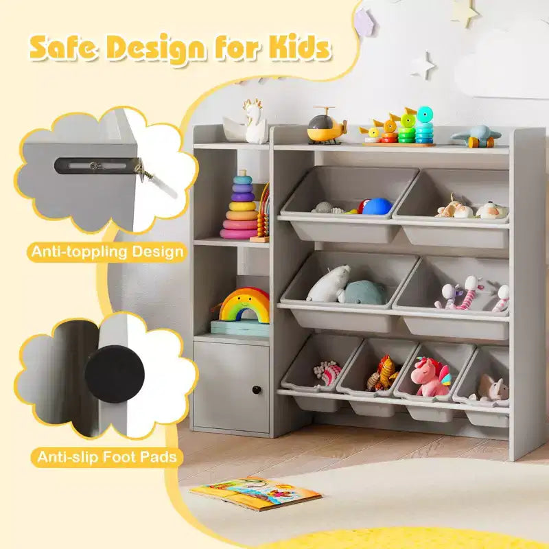 Meuble de Rangement et Bibliothèque pour Enfants, Bibliothèque en Bois avec 4 Petits Bacs et 4 Grands Bacs Gris/Blanc