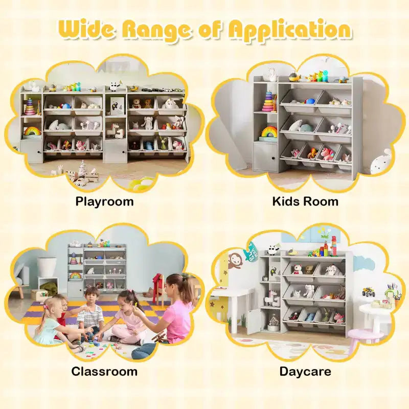 Meuble de Rangement et Bibliothèque pour Enfants, Bibliothèque en Bois avec 4 Petits Bacs et 4 Grands Bacs Gris/Blanc