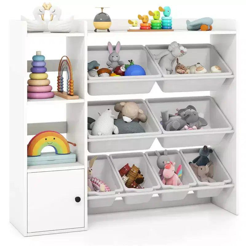 Meuble de Rangement et Bibliothèque pour Enfants, Bibliothèque en Bois avec 4 Petits Bacs et 4 Grands Bacs Gris/Blanc