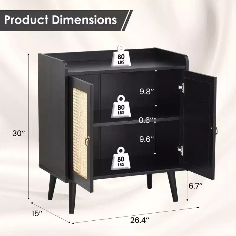 Buffet de salle à manger avec rangement, meuble bar avec portes décorées en rotin, console - Noir