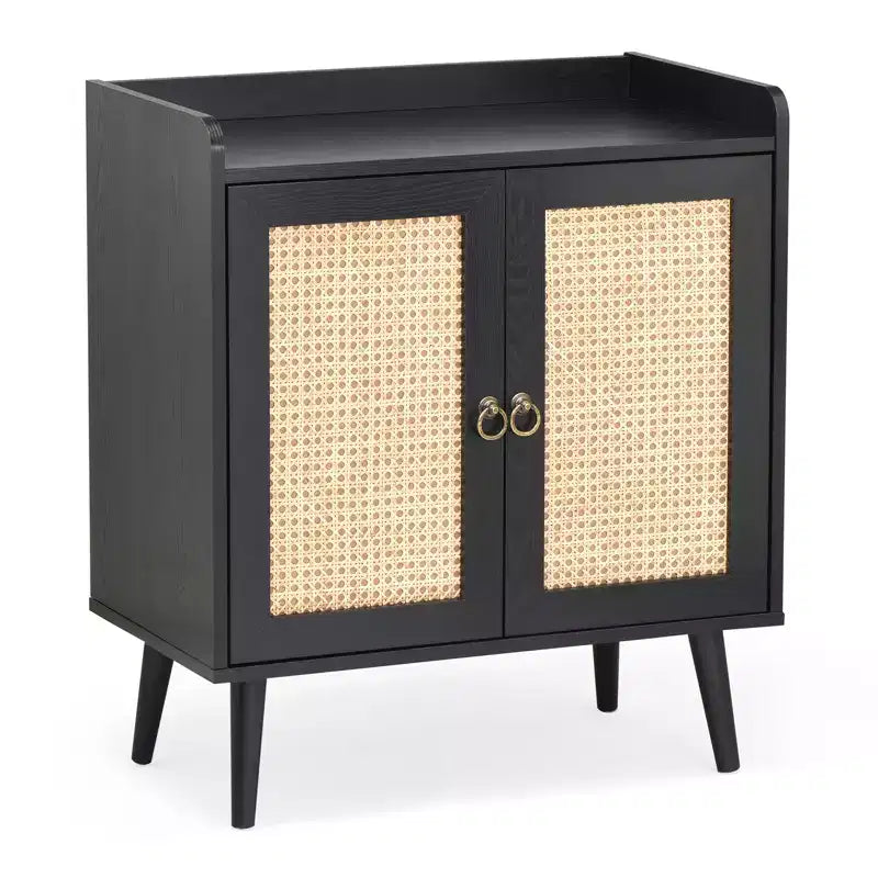 Buffet de salle à manger avec rangement, meuble bar avec portes décorées en rotin, console - Noir