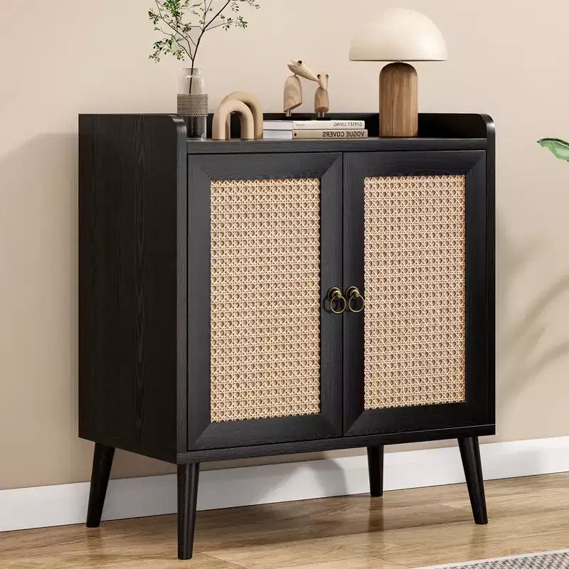 Buffet de salle à manger avec rangement, meuble bar avec portes décorées en rotin, console - Noir
