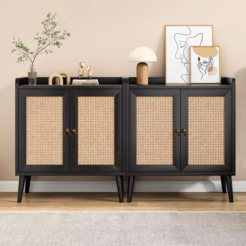 Buffet de salle à manger avec rangement, meuble bar avec portes décorées en rotin, console - Noir