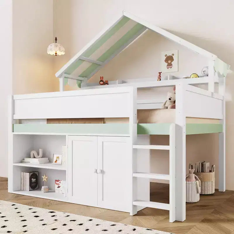 Lit mezzanine pleine grandeur, design inspiré d'une maison avec toit à baldaquin et armoire de rangement