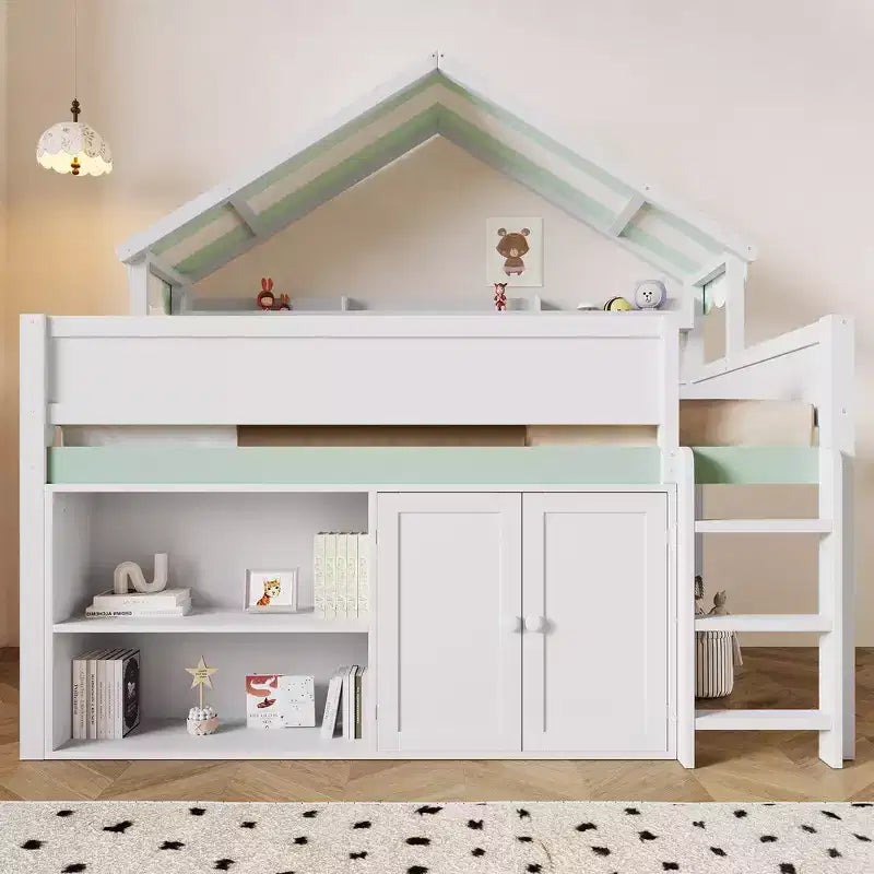 Lit mezzanine pleine grandeur, design inspiré d'une maison avec toit à baldaquin et armoire de rangement