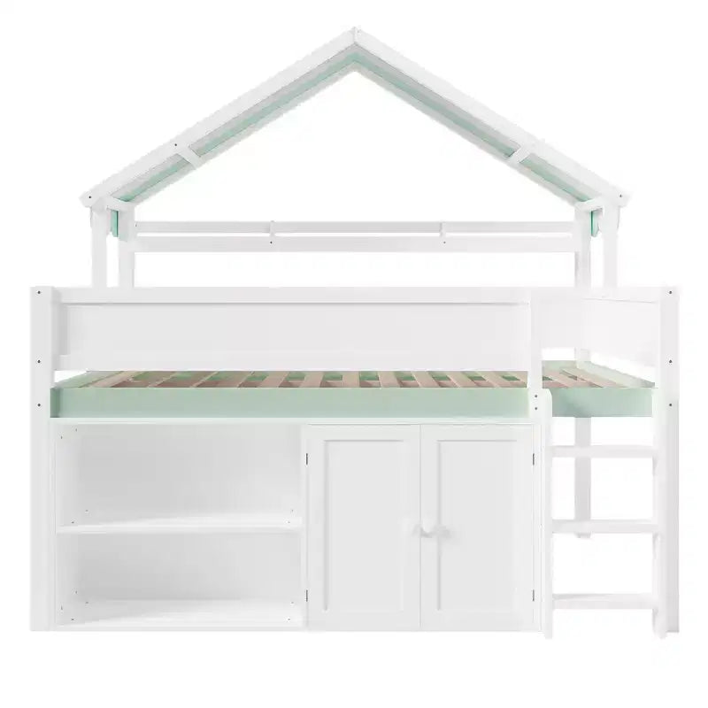 Lit mezzanine pleine grandeur, design inspiré d'une maison avec toit à baldaquin et armoire de rangement