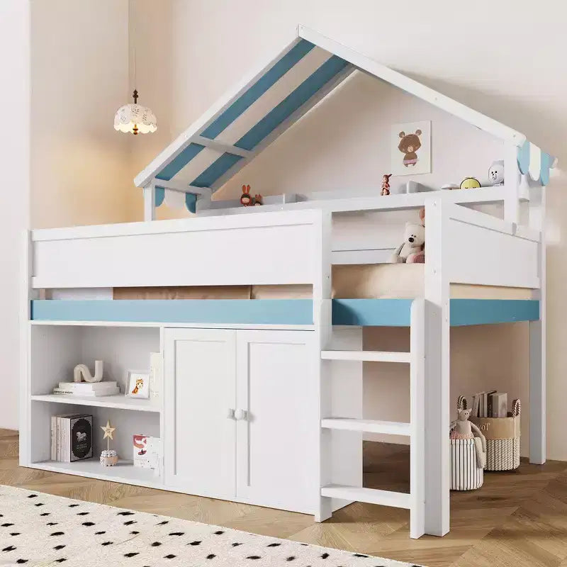 Lit mezzanine pleine grandeur, design inspiré d'une maison avec toit à baldaquin et armoire de rangement
