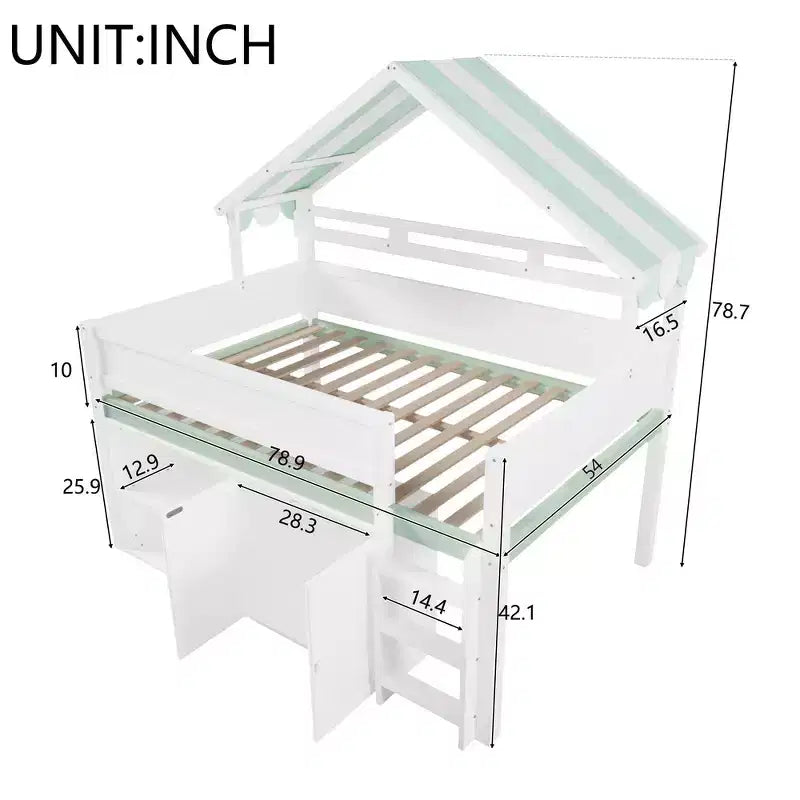 Lit mezzanine pleine grandeur, design inspiré d'une maison avec toit à baldaquin et armoire de rangement