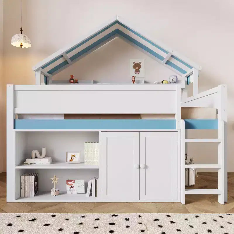Lit mezzanine pleine grandeur, design inspiré d'une maison avec toit à baldaquin et armoire de rangement