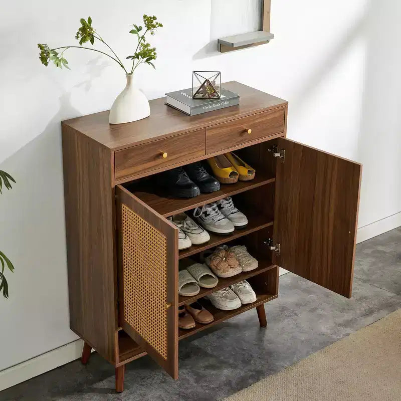 Meuble à chaussures/buffet en rotin couleur bois style Mid-Century avec portes et tiroirs, étagère à chaussures autoportante pour couloir, entrées