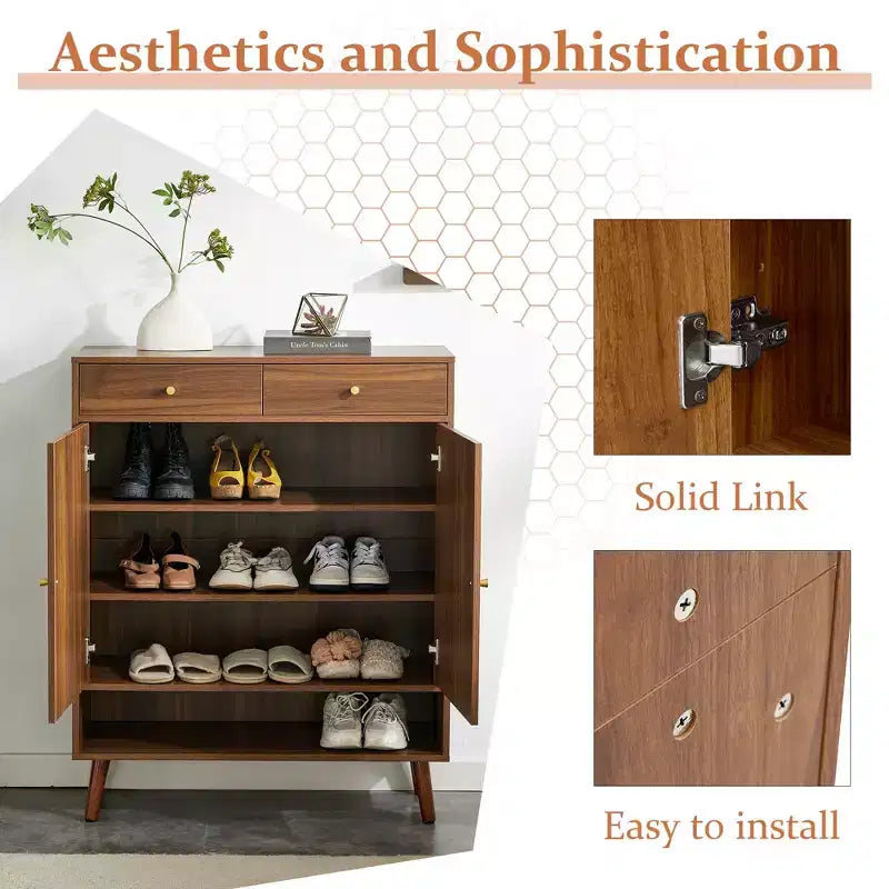 Meuble à chaussures/buffet en rotin couleur bois style Mid-Century avec portes et tiroirs, étagère à chaussures autoportante pour couloir, entrées