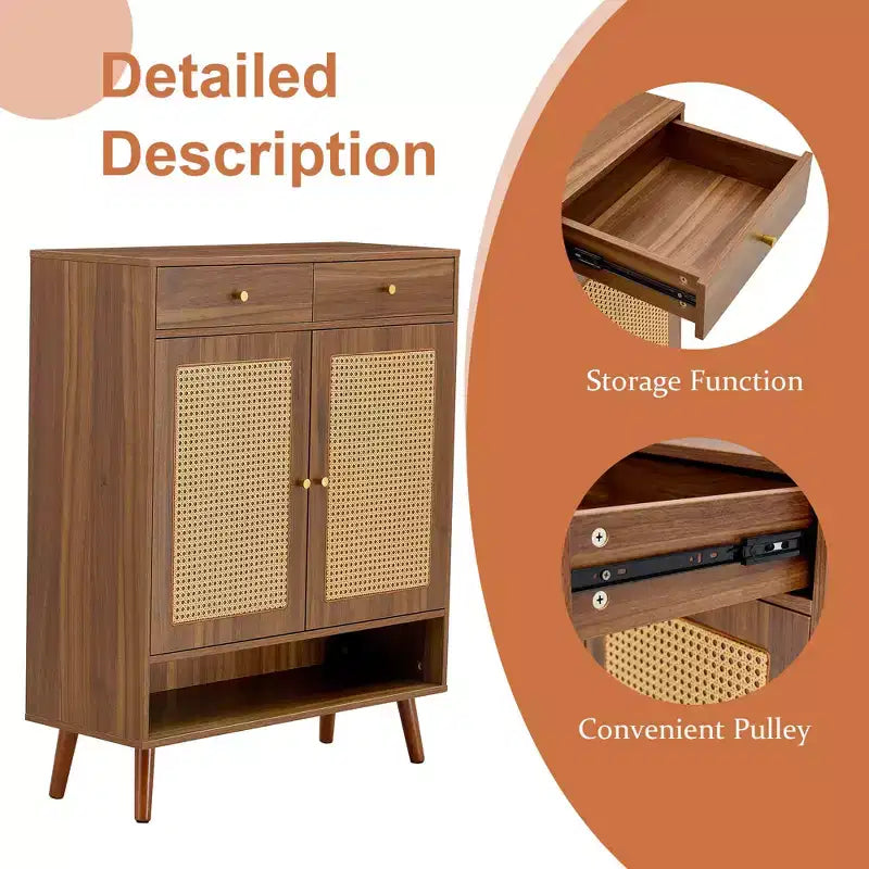 Meuble à chaussures/buffet en rotin couleur bois style Mid-Century avec portes et tiroirs, étagère à chaussures autoportante pour couloir, entrées