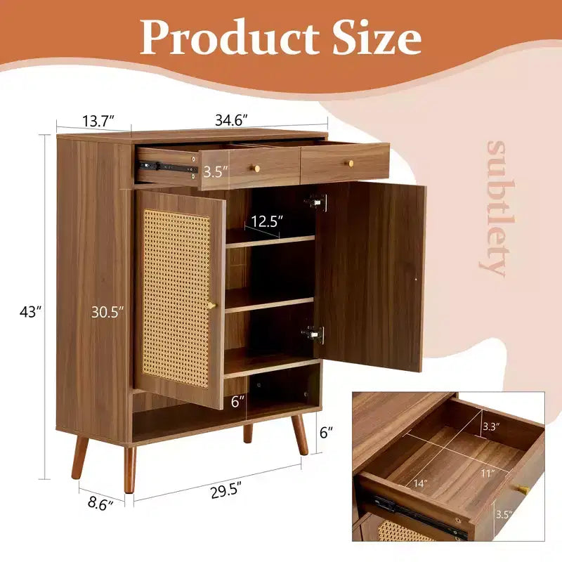 Meuble à chaussures/buffet en rotin couleur bois style Mid-Century avec portes et tiroirs, étagère à chaussures autoportante pour couloir, entrées