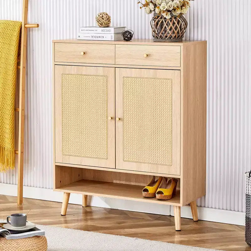 Meuble à chaussures/buffet en rotin couleur bois style Mid-Century avec portes et tiroirs, étagère à chaussures autoportante pour couloir, entrées