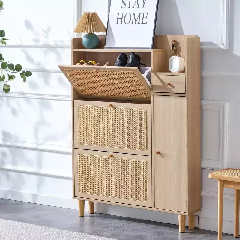 Meuble à chaussures/buffet en rotin couleur bois style Mid-Century avec portes et tiroirs, étagère à chaussures autoportante pour couloir, entrées