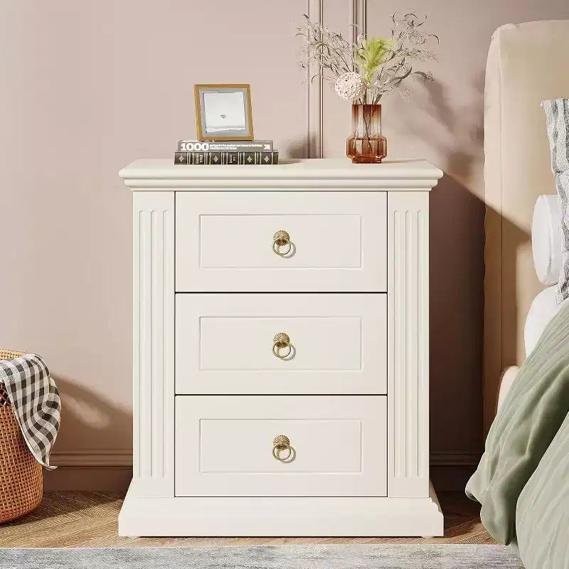 Table de chevet à 3 tiroirs, table de chevet moderne avec tiroirs de rangement, table de chevet en bois pour chambre à coucher, beige